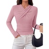 MEROKEETY Womens Long Sleeve Business Casual Criss Cross Tops 2026 Trendy | Work Office Shirts, Ruched Fitted Dressy Blouses, V Neck, Going Out, Elegant Outfits, Fall Fashion, Layering Winter Clothing(Pink)
