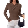 MEROKEETY Womens Long Sleeve Business Casual Criss Cross Tops 2026 Trendy | Work Office Shirts, Ruched Fitted Dressy Blouses, V Neck, Going Out, Elegant Outfits, Fall Fashion, Layering Winter Clothing(Coffee)