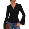 MEROKEETY Women’s Long Sleeve Button Down Shirts 2026 Fall Ruched Collared V Neck Tops Ruffle Knit Business Casual Blouses(Black)