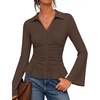MEROKEETY Women’s Long Sleeve Button Down Shirts 2026 Fall Ruched Collared V Neck Tops Ruffle Knit Business Casual Blouses(Brown)