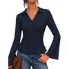 MEROKEETY Women’s Long Sleeve Button Down Shirts 2026 Fall Ruched Collared V Neck Tops Ruffle Knit Business Casual Blouses(Navy)