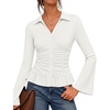 MEROKEETY Women’s Long Sleeve Button Down Shirts 2026 Fall Ruched Collared V Neck Tops Ruffle Knit Business Casual Blouses(White)