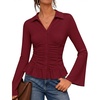 MEROKEETY Women’s Long Sleeve Button Down Shirts 2026 Fall Ruched Collared V Neck Tops Ruffle Knit Business Casual Blouses(Wine)