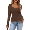 MEROKEETY Womens Long Sleeve Lace Trim Tops 2026 Cute Scoop Neck Going Out | Fitted shirts, Ribbed Knit Stretchy Blouses, Button Basic Tees, Trendy Y2K Outfits, Fall Fashion, Layering Winter Clothing(Coffee)