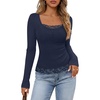 MEROKEETY Womens Long Sleeve Lace Trim Tops 2026 Cute Scoop Neck Going Out | Fitted shirts, Ribbed Knit Stretchy Blouses, Button Basic Tees, Trendy Y2K Outfits, Fall Fashion, Layering Winter Clothing(Navy)