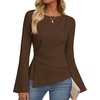 MEROKEETY Women’s Long Sleeve Peplum Shirts 2026 Dressy Fall Casual Tops | Ruched Waist, Crew Neckline, Flared Sleeves, Slim Fit, Business Casual, Work Office Outfit, Going Out, Elegant Trendy Blouses(Brown)