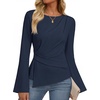 MEROKEETY Women’s Long Sleeve Peplum Shirts 2026 Dressy Fall Casual Tops | Ruched Waist, Crew Neckline, Flared Sleeves, Slim Fit, Business Casual, Work Office Outfit, Going Out, Elegant Trendy Blouses(Navy)