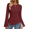 MEROKEETY Women’s Long Sleeve Peplum Shirts 2026 Dressy Fall Casual Tops | Ruched Waist, Crew Neckline, Flared Sleeves, Slim Fit, Business Casual, Work Office Outfit, Going Out, Elegant Trendy Blouses(Wine)