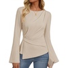 MEROKEETY Women’s Long Sleeve Peplum Shirts 2026 Dressy Fall Casual Tops | Ruched Waist, Crew Neckline, Flared Sleeves, Slim Fit, Business Casual, Work Office Outfit, Going Out, Elegant Trendy Blouses(Apricot)