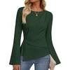 MEROKEETY Women’s Long Sleeve Peplum Shirts 2026 Dressy Fall Casual Tops | Ruched Waist, Crew Neckline, Flared Sleeves, Slim Fit, Business Casual, Work Office Outfit, Going Out, Elegant Trendy Blouses(Darkgreen)