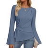 MEROKEETY Women’s Long Sleeve Peplum Shirts 2026 Dressy Fall Casual Tops | Ruched Waist, Crew Neckline, Flared Sleeves, Slim Fit, Business Casual, Work Office Outfit, Going Out, Elegant Trendy Blouses(Dustyblue)
