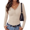 MEROKEETY Women’s Long Sleeve V Neck Lace Trim Cute Tops | Ribbed Tshirt, Knit Henley Shirts, Ruched Fitted Going Out Blouses, Trendy Y2K Outfits, Fall Fashion Layering Clothing(Sand)