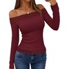 MEROKEETY Women’s Off The Shoulder Long Sleeve Lace Tops | Slim Fitted Shirts, Going Out Tops, 2026 Fall Fashion, Cute, Y2k, Stretchy Fabric, Solid Color Lightweight Floral Knit Tee(Wine)