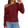 MEROKEETY Women’s Off The Shoulder Tops Long Sleeve Fall Going Out Shirts | One Shoulder, Cinched Waist, Loose Fit, 2026 Y2K Fashion, Cotton, Party, Date Night, Casual Shirts, Elegant Trendy Blouses(Wine)