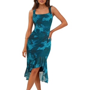 MEROKEETY Women’s 2026 Summer Floral Bodycon Dress Square Neck Sleeveless Ruffle Cocktail Mesh Beach Vacation Midi Dresses(Teal)
