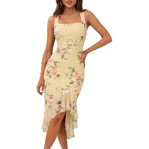 MEROKEETY Women’s 2026 Summer Floral Bodycon Dress Square Neck Sleeveless Ruffle Cocktail Mesh Beach Vacation Midi Dresses(Yellow)