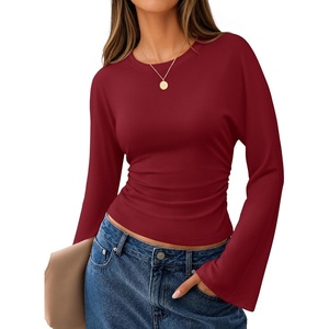 MEROKEETY Women’s Bell Long Sleeve Tops Going Out Trendy Fall 2026 Shirts | Elegant Crew Neck Shirt, Ruched Side Crop Blouse, Y2K Fashion, Cotton Fabric, Business Casual Work Date, Western Cute Clothes(Wine)