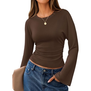 MEROKEETY Women’s Bell Long Sleeve Tops Going Out Trendy Fall 2026 Shirts | Elegant Crew Neck Shirt, Ruched Side Crop Blouse, Y2K Fashion, Cotton Fabric, Business Casual Work Date, Western Cute Clothes(Coffee)