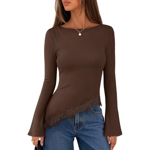 MEROKEETY Women’s Fall Asymmetrical Lace Boat Neck Long Sleeve Ribbed Tops | Fitted T-Shirt, Ruched Accent, Side Slit Clothes, Stretchy Knit Fabric, Work Blouses, Y2K Going Out Outfits, Fashion Clothing(Brown)