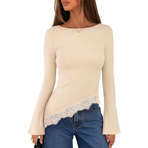 MEROKEETY Women’s Fall Asymmetrical Lace Boat Neck Long Sleeve Ribbed Tops | Fitted T-Shirt, Ruched Accent, Side Slit Clothes, Stretchy Knit Fabric, Work Blouses, Y2K Going Out Outfits, Fashion Clothing(Apricot)