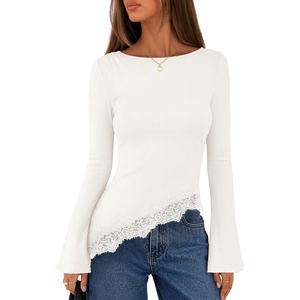 MEROKEETY Women’s Fall Asymmetrical Lace Boat Neck Long Sleeve Ribbed Tops | Fitted T-Shirt, Ruched Accent, Side Slit Clothes, Stretchy Knit Fabric, Work Blouses, Y2K Going Out Outfits, Fashion Clothing(White)