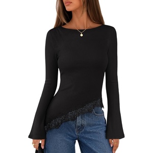 MEROKEETY Women’s Fall Asymmetrical Lace Boat Neck Long Sleeve Ribbed Tops | Fitted T-Shirt, Ruched Accent, Side Slit Clothes, Stretchy Knit Fabric, Work Blouses, Y2K Going Out Outfits, Fashion Clothing(Black)