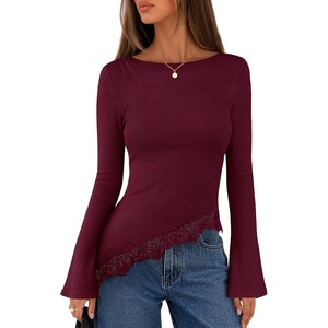 MEROKEETY Women’s Fall Asymmetrical Lace Boat Neck Long Sleeve Ribbed Tops | Fitted T-Shirt, Ruched Accent, Side Slit Clothes, Stretchy Knit Fabric, Work Blouses, Y2K Going Out Outfits, Fashion Clothing(Wine)