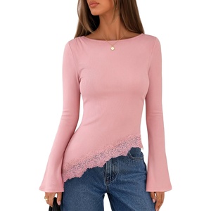 MEROKEETY Women’s Fall Asymmetrical Lace Boat Neck Long Sleeve Ribbed Tops | Fitted T-Shirt, Ruched Accent, Side Slit Clothes, Stretchy Knit Fabric, Work Blouses, Y2K Going Out Outfits, Fashion Clothing(Pink)
