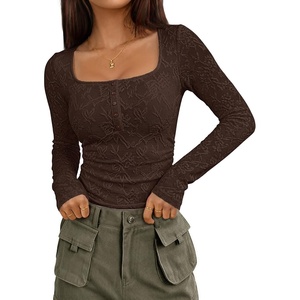 MEROKEETY Womens Fall Lace Mesh Long Sleeve Blouse Tops Dressy Henley Shirt | 2026, Casual, Square Neck, Jacquard, Sheer, Fitted, Cinched Waist, Ruched, Date Night, Club, Going out, Fashion Outfit(Coffee)