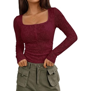 MEROKEETY Womens Fall Lace Mesh Long Sleeve Blouse Tops Dressy Henley Shirt | 2026, Casual, Square Neck, Jacquard, Sheer, Fitted, Cinched Waist, Ruched, Date Night, Club, Going out, Fashion Outfit(Burgundy)