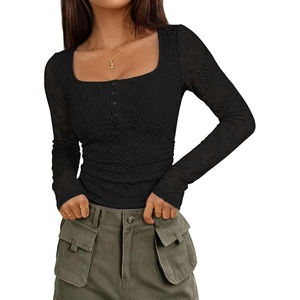 MEROKEETY Womens Fall Lace Mesh Long Sleeve Blouse Tops Dressy Henley Shirt | 2026, Casual, Square Neck, Jacquard, Sheer, Fitted, Cinched Waist, Ruched, Date Night, Club, Going out, Fashion Outfit(Black)