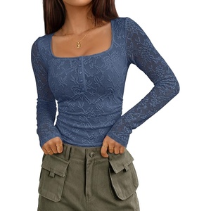 MEROKEETY Womens Fall Lace Mesh Long Sleeve Blouse Tops Dressy Henley Shirt | 2026, Casual, Square Neck, Jacquard, Sheer, Fitted, Cinched Waist, Ruched, Date Night, Club, Going out, Fashion Outfit(Dustyblue)