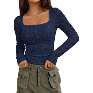 MEROKEETY Womens Fall Lace Mesh Long Sleeve Blouse Tops Dressy Henley Shirt | 2026, Casual, Square Neck, Jacquard, Sheer, Fitted, Cinched Waist, Ruched, Date Night, Club, Going out, Fashion Outfit(Navy)