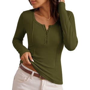 MEROKEETY Womens Fall Long Sleeve Fitted Henley T Shirt Top 2026 Trendy | Fashion Must Have, Crew Neck, Casual, Ribbed Knit, Buttons, Basic, Soft, Lightweight, Flattering, Cute, Cinched Waist(Green)