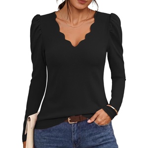 MEROKEETY Women’s Fall Puff Long Sleeve Business Casual Tops | Scalloped V Neck, Cute, Trendy, Dressy, Soft and Stretchy, Work T-Shirt, Ribbed Knit, Fitted Blouse, Going Out Clothes(Black)
