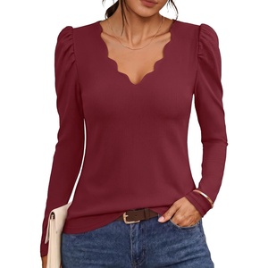 MEROKEETY Women’s Fall Puff Long Sleeve Business Casual Tops | Scalloped V Neck, Cute, Trendy, Dressy, Soft and Stretchy, Work T-Shirt, Ribbed Knit, Fitted Blouse, Going Out Clothes(Wine)