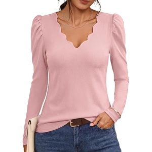 MEROKEETY Women’s Fall Puff Long Sleeve Business Casual Tops | Scalloped V Neck, Cute, Trendy, Dressy, Soft and Stretchy, Work T-Shirt, Ribbed Knit, Fitted Blouse, Going Out Clothes(Pink)