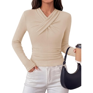 MEROKEETY Womens Long Sleeve Business Casual Criss Cross Tops 2026 Trendy | Work Office Shirts, Ruched Fitted Dressy Blouses, V Neck, Going Out, Elegant Outfits, Fall Fashion, Layering Winter Clothing(Apricot)