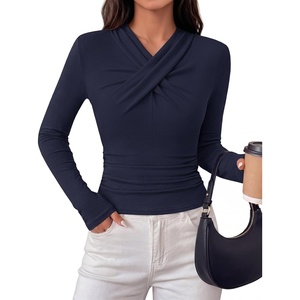MEROKEETY Womens Long Sleeve Business Casual Criss Cross Tops 2026 Trendy | Work Office Shirts, Ruched Fitted Dressy Blouses, V Neck, Going Out, Elegant Outfits, Fall Fashion, Layering Winter Clothing(Navy)