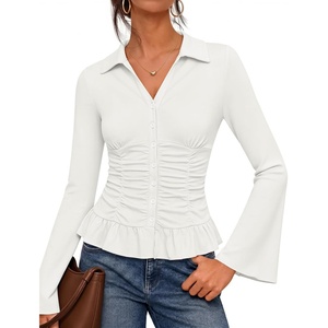 MEROKEETY Women’s Long Sleeve Button Down Shirts 2026 Fall Ruched Collared V Neck Tops Ruffle Knit Business Casual Blouses(White)