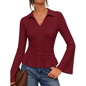 MEROKEETY Women’s Long Sleeve Button Down Shirts 2026 Fall Ruched Collared V Neck Tops Ruffle Knit Business Casual Blouses(Wine)