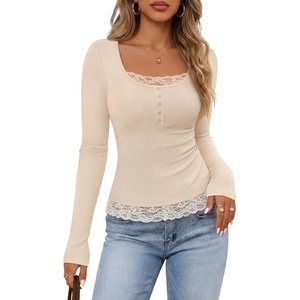 MEROKEETY Womens Long Sleeve Lace Trim Tops 2026 Cute Scoop Neck Going Out | Fitted shirts, Ribbed Knit Stretchy Blouses, Button Basic Tees, Trendy Y2K Outfits, Fall Fashion, Layering Winter Clothing(Apricot)
