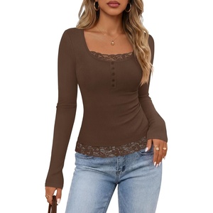 MEROKEETY Womens Long Sleeve Lace Trim Tops 2026 Cute Scoop Neck Going Out | Fitted shirts, Ribbed Knit Stretchy Blouses, Button Basic Tees, Trendy Y2K Outfits, Fall Fashion, Layering Winter Clothing(Coffee)
