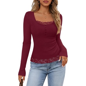 MEROKEETY Womens Long Sleeve Lace Trim Tops 2026 Cute Scoop Neck Going Out | Fitted shirts, Ribbed Knit Stretchy Blouses, Button Basic Tees, Trendy Y2K Outfits, Fall Fashion, Layering Winter Clothing(Wine Red)