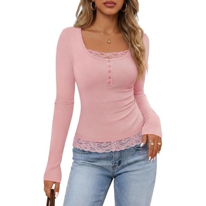 MEROKEETY Womens Long Sleeve Lace Trim Tops 2026 Cute Scoop Neck Going Out | Fitted shirts, Ribbed Knit Stretchy Blouses, Button Basic Tees, Trendy Y2K Outfits, Fall Fashion, Layering Winter Clothing(Pink)