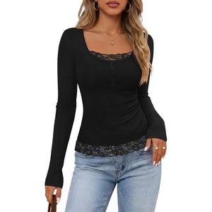 MEROKEETY Womens Long Sleeve Lace Trim Tops 2026 Cute Scoop Neck Going Out | Fitted shirts, Ribbed Knit Stretchy Blouses, Button Basic Tees, Trendy Y2K Outfits, Fall Fashion, Layering Winter Clothing(Black)