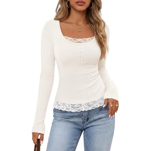 MEROKEETY Womens Long Sleeve Lace Trim Tops 2026 Cute Scoop Neck Going Out | Fitted shirts, Ribbed Knit Stretchy Blouses, Button Basic Tees, Trendy Y2K Outfits, Fall Fashion, Layering Winter Clothing(White)