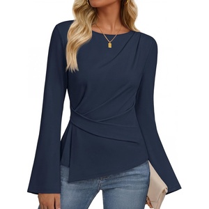 MEROKEETY Women’s Long Sleeve Peplum Shirts 2026 Dressy Fall Casual Tops | Ruched Waist, Crew Neckline, Flared Sleeves, Slim Fit, Business Casual, Work Office Outfit, Going Out, Elegant Trendy Blouses(Navy)