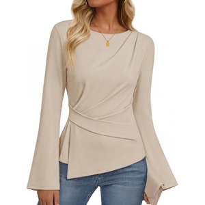 MEROKEETY Women’s Long Sleeve Peplum Shirts 2026 Dressy Fall Casual Tops | Ruched Waist, Crew Neckline, Flared Sleeves, Slim Fit, Business Casual, Work Office Outfit, Going Out, Elegant Trendy Blouses(Apricot)
