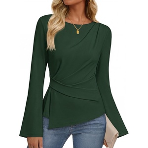 MEROKEETY Women’s Long Sleeve Peplum Shirts 2026 Dressy Fall Casual Tops | Ruched Waist, Crew Neckline, Flared Sleeves, Slim Fit, Business Casual, Work Office Outfit, Going Out, Elegant Trendy Blouses(Darkgreen)
